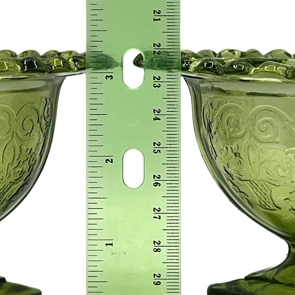 Vintage Green Glass Dessert Bowls Set Of 2 With Decorative Rim Floral Design - Picture 4 of 15